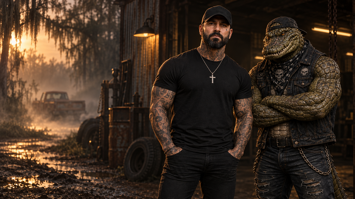 Dust and MudJaw beside a swamp-country workshop at sunset